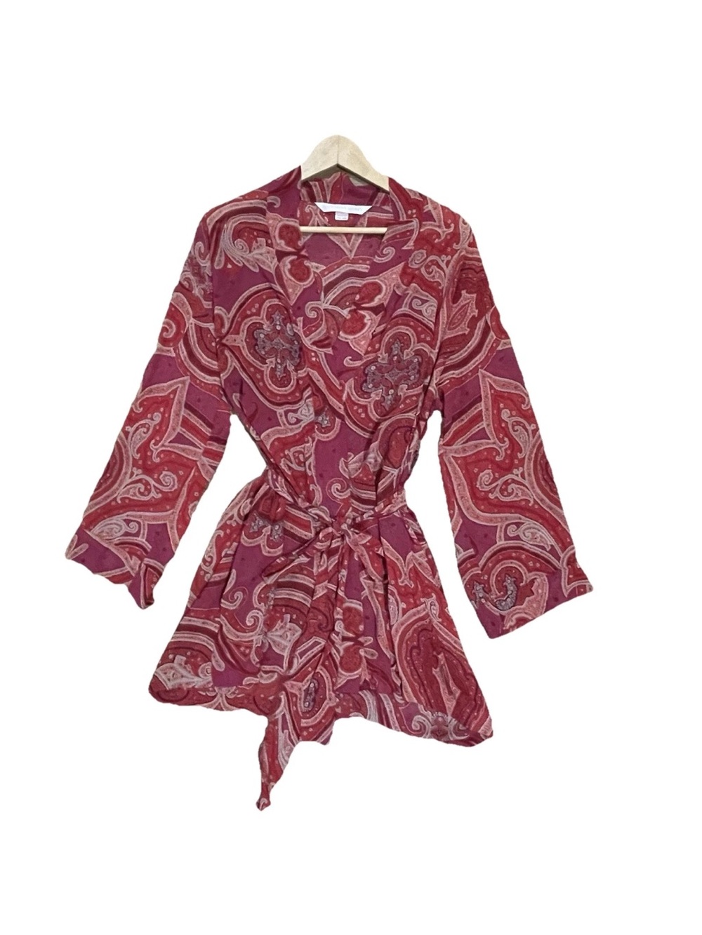 Vintage Victoria's Secret Red Pink Floral Print Short Kimono Tie Robe Size O/S